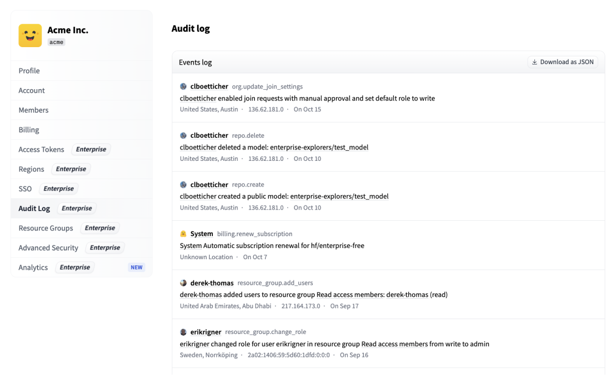 screenshot of Hugging Face Audit Logs feature