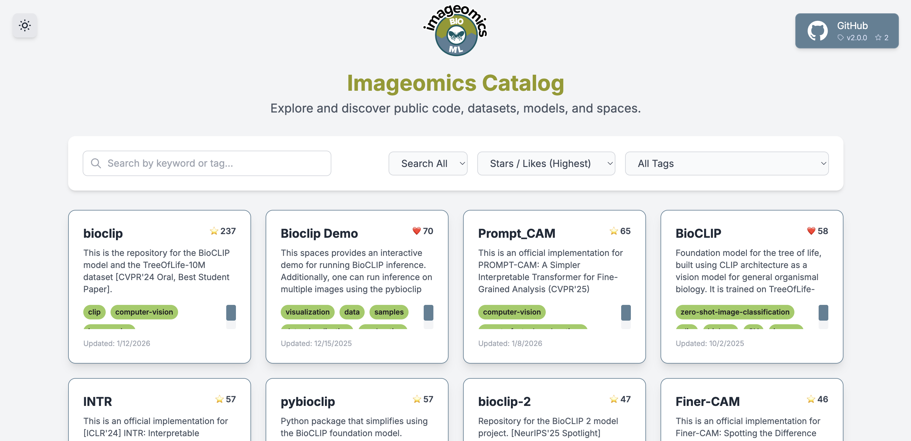 Screenshot of Imageomics Catalog, organized by most likes/stars